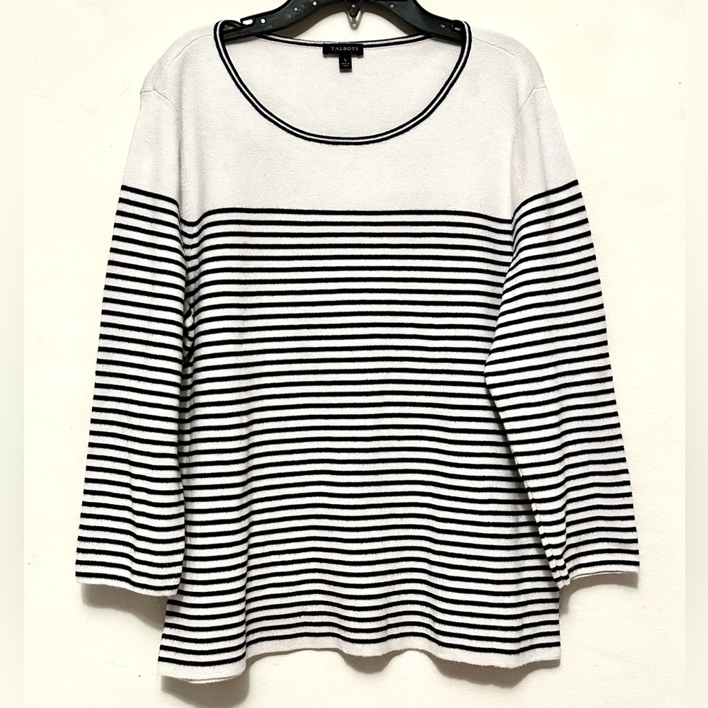 TALBOTS Pullover Striped Sweater Black & White 3 Quarter Length Sleeves L